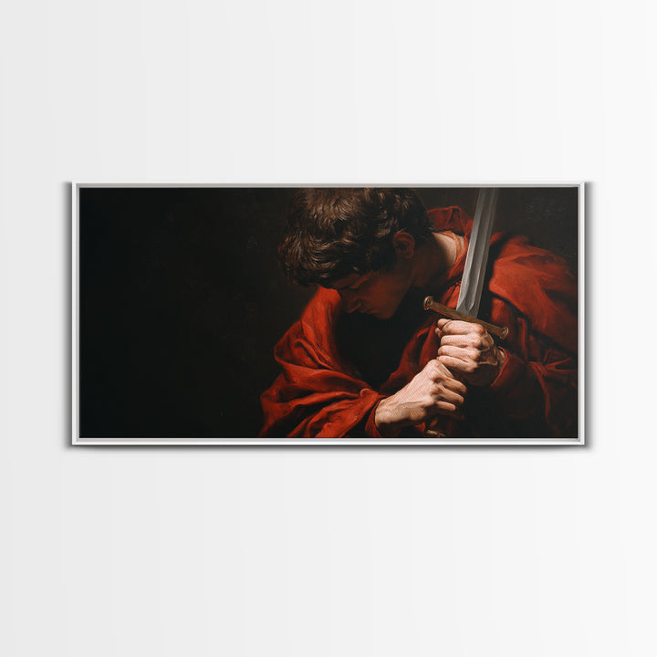 Red Cloaked Swordsman In Shadow Framed Canvas Print, Medieval Portrait Wall Art, Dark Academia Office Decor, Gift For Him