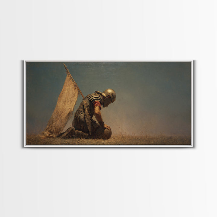 Kneeling Ancient Soldier Beside Tent Canvas Print, Historical Warrior Wall Art, Desert Battlefield Decor, Masculine Gift For Him