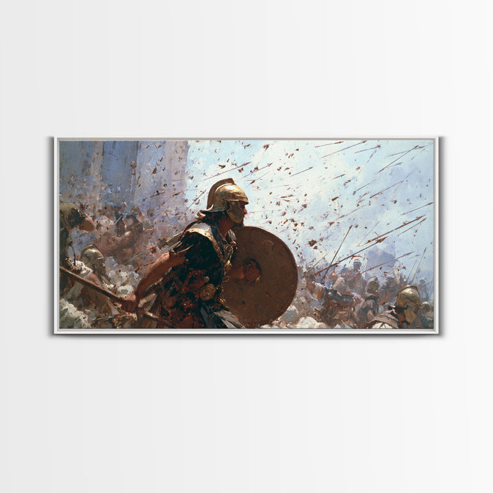 Ancient Shield Bearer Charging Through Arrows Wall Art, Roman Battle Painting, Historical Warrior Living Room Decor Gift For Him