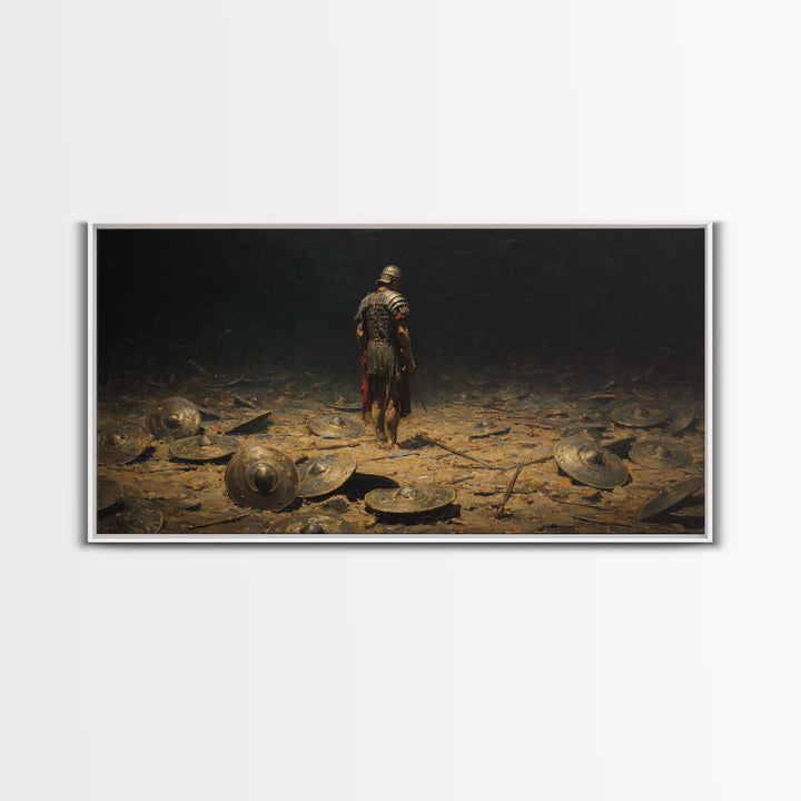 Lone Roman Warrior On Battlefield Framed Canvas Print, Dark Historical Wall Art, Moody Ancient Decor, Masculine Office Art