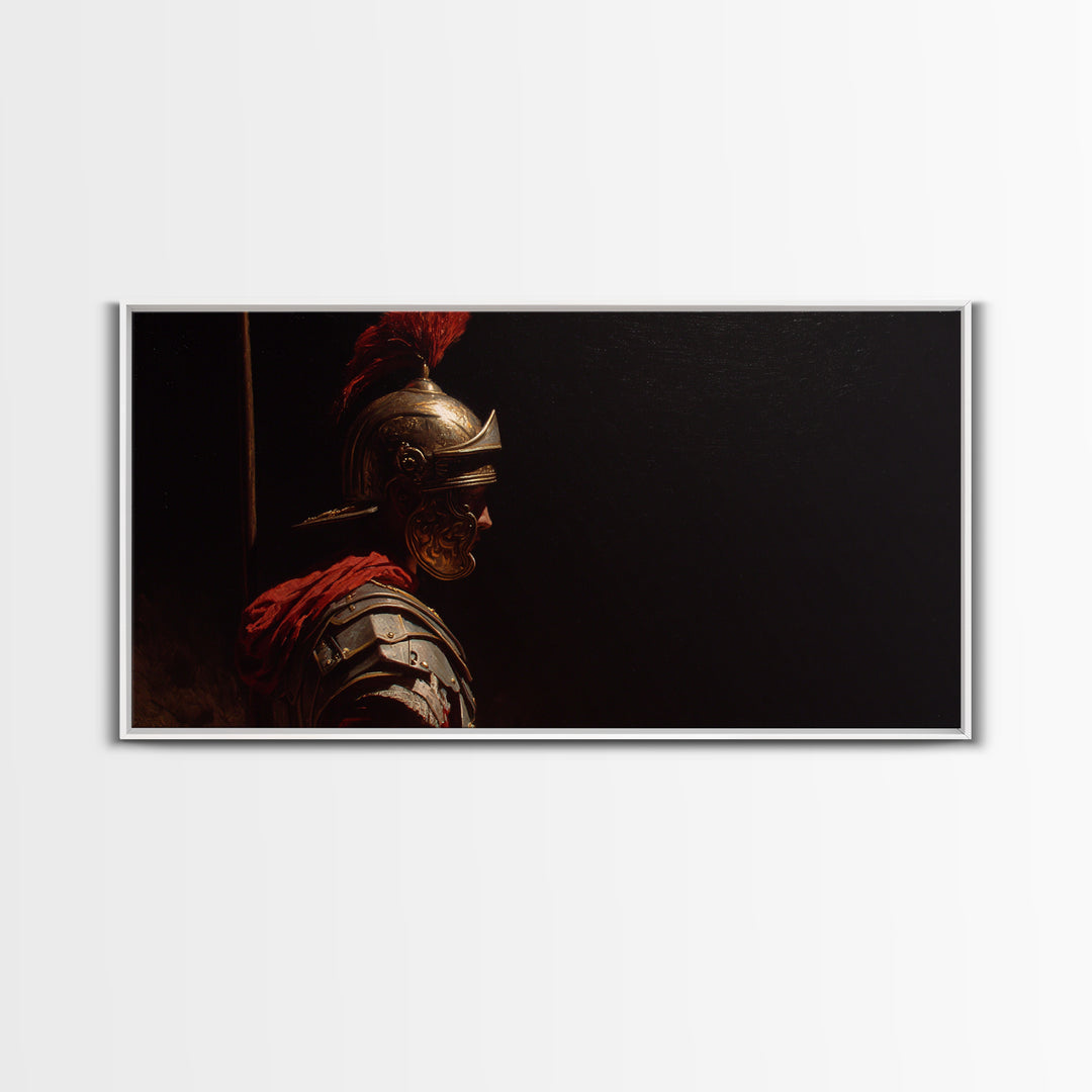 Roman Legion Helmet In Dramatic Shadow Wall Art, Classical Warrior Canvas, Dark Academia Decor, Masculine Office Art Print