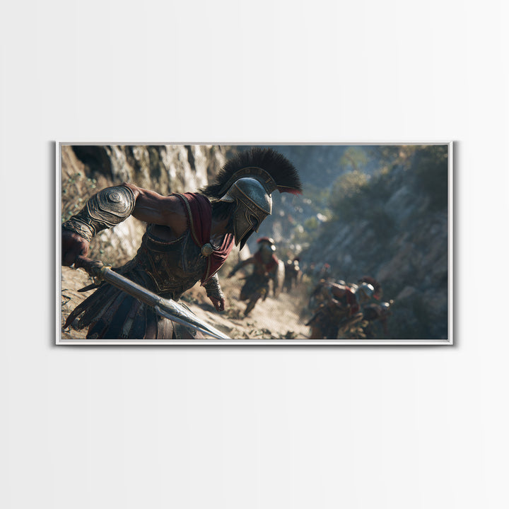 Spartan Warrior Sprinting Through Mountain Pass Wall Art, Ancient Greek Canvas Print, Battle Scene Decor, Masculine Office Poster