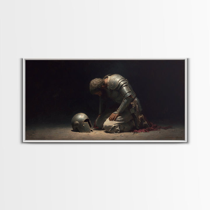 Kneeling Knight With Helmet Wall Art, Dark Medieval Canvas Painting, Gothic Warrior Decor, Moody Office Art Gift For Him