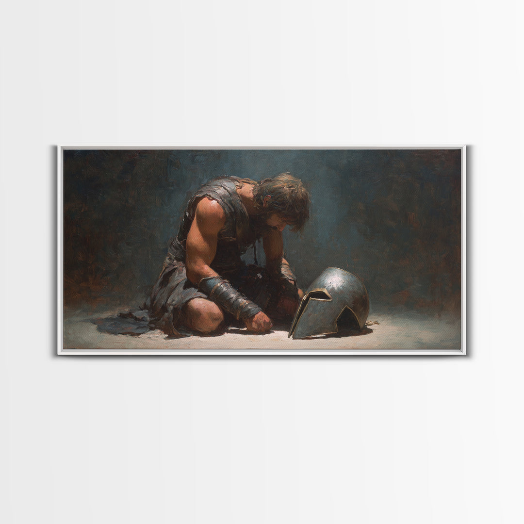 Defeated Ancient Gladiator With Helmet Framed Canvas Print, Dark Academia Wall Decor, Mythological Art, Gift For Him, Living Room Art