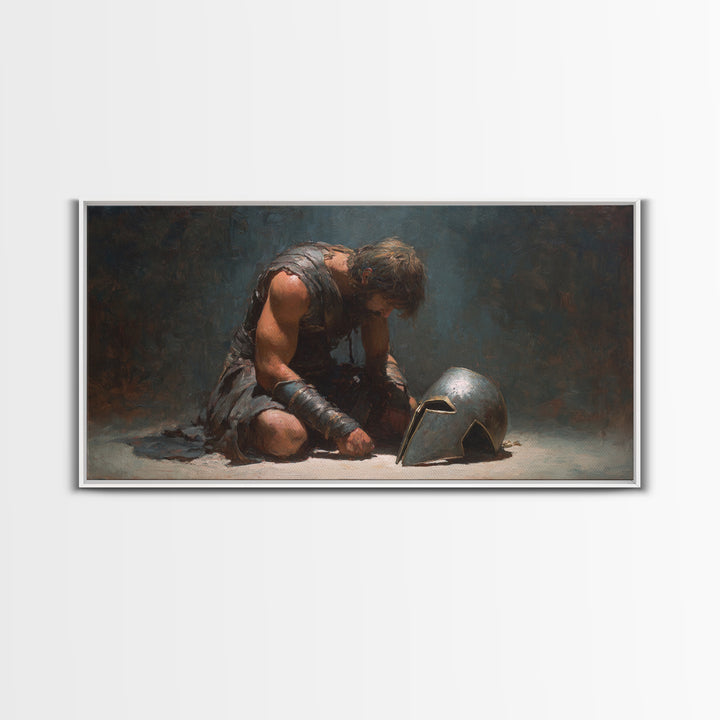 Defeated Ancient Gladiator With Helmet Framed Canvas Print, Dark Academia Wall Decor, Mythological Art, Gift For Him, Living Room Art