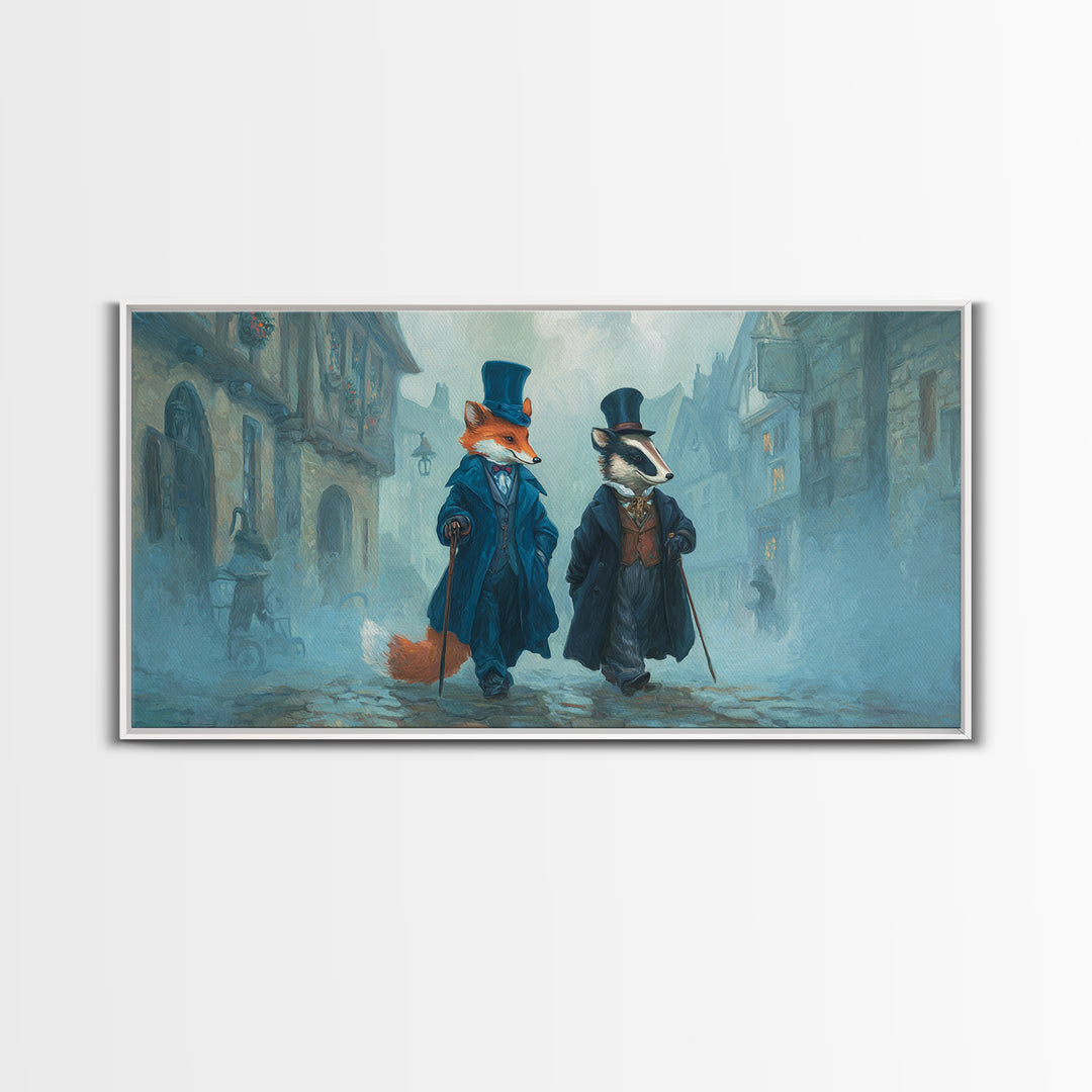 Dapper Fox And Badger In Foggy Village Canvas Print, Whimsical Animal Wall Art, Storybook Nursery Decor Gift, Kids Room Art