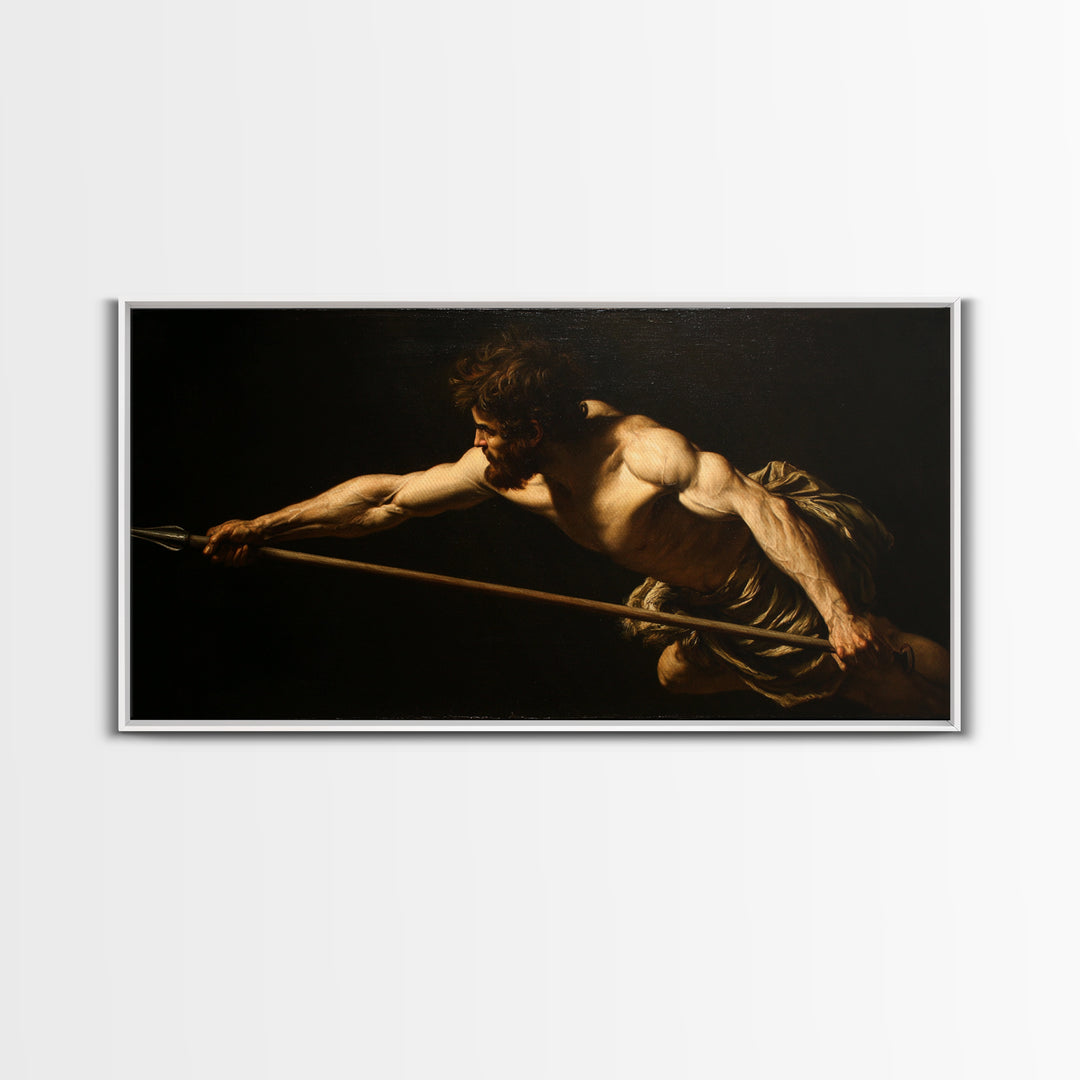 Muscular Warrior With Spear In Dramatic Shadow Wall Art, Baroque Classical Canvas, Dark Academia Decor, Mythology Art Print