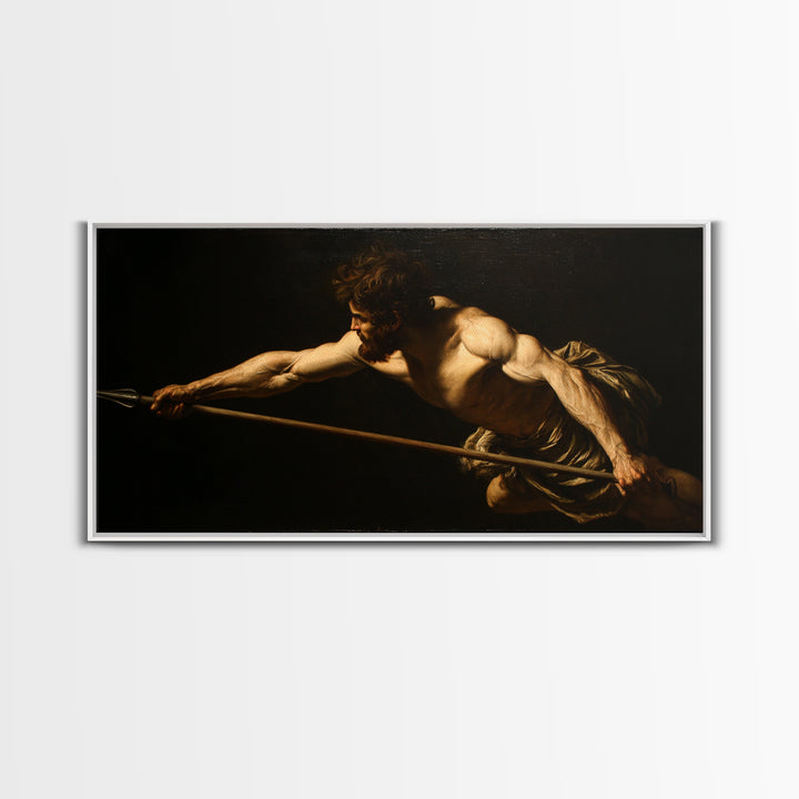Muscular Warrior With Spear In Dramatic Shadow Wall Art, Baroque Classical Canvas, Dark Academia Decor, Mythology Art Print