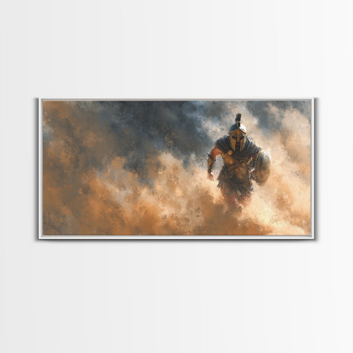 Armored Gladiator Charging Through Dust Framed Canvas Print, Roman Warrior Wall Art, Dramatic Man Cave Decor, Gift For Him