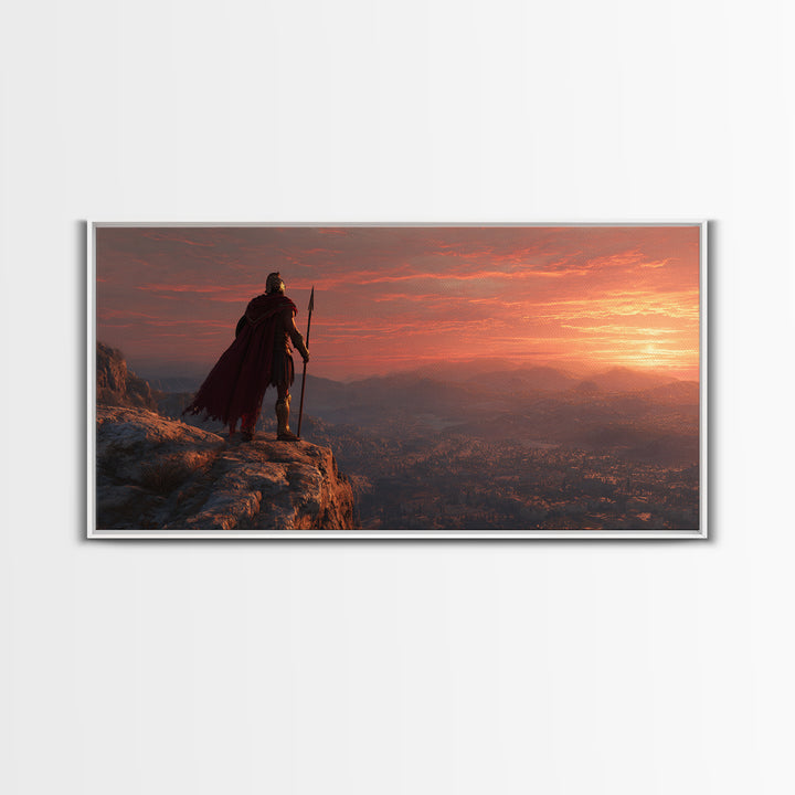 Epic Ancient Warrior Standing On Cliff Overlooking Valley Sunset Landscape Wall Art Modern Digital Painting Canvas Print For Office Decor