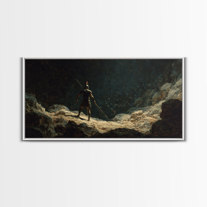 Lone Spear Warrior Facing Shadow Army Wall Art, Ancient Battle Canvas Print For Dark Fantasy Home Decor And Man Cave Office Decor