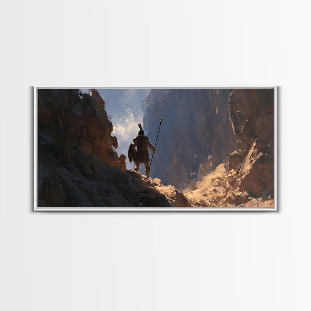 Lone Warrior In Mountain Canyon Framed Canvas Print, Fantasy Art, Mountain Wall Art, Rustic Decor, Gift For Him, Office Wall Art