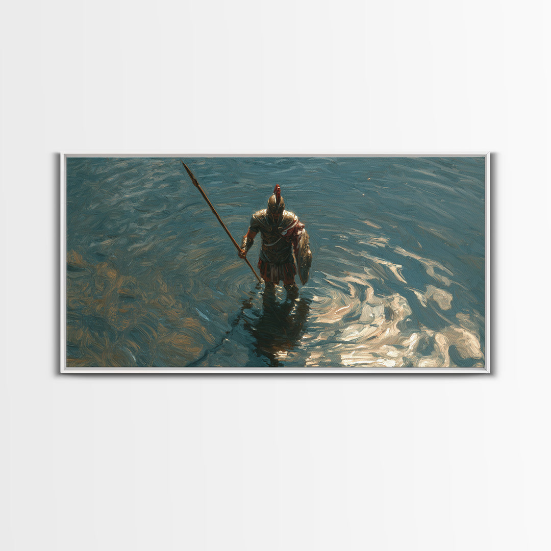 Armored Knight Standing In Shimmering Water Canvas Print, Medieval Fantasy Wall Art, Moody Lake Decor For Living Room Art