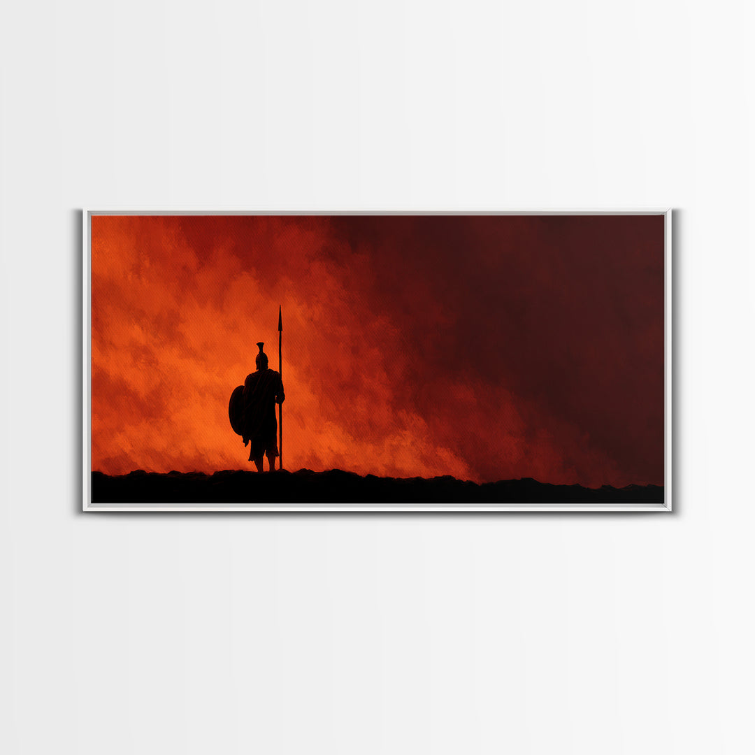 Lone Spear Warrior At Fiery Red Horizon Wall Art, Epic Fantasy Battle Canvas, Dark Warrior Decor, Man Cave Gift, Home Office Decor