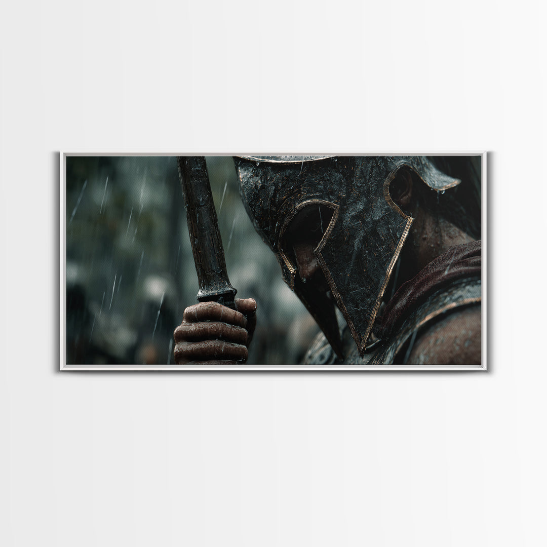 Rain Soaked Spartan Helmet And Axe Framed Canvas Print, Dark Warrior Wall Art, Ancient Battle Decor, Masculine Gift For Him