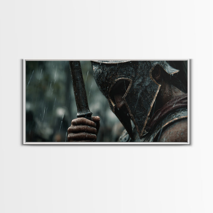 Rain Soaked Spartan Helmet And Axe Framed Canvas Print, Dark Warrior Wall Art, Ancient Battle Decor, Masculine Gift For Him