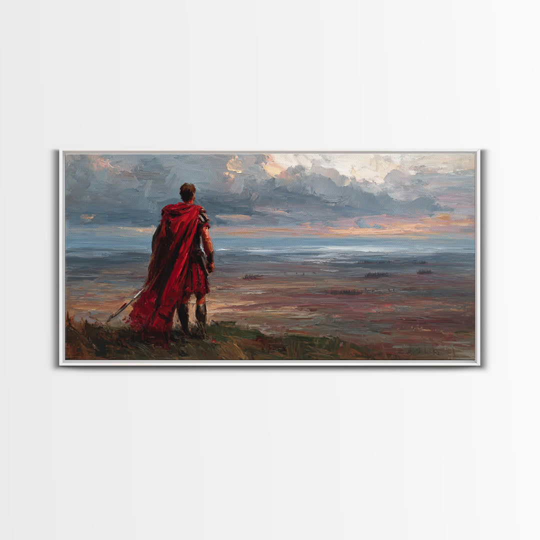 Red Cloaked Warrior Over Stormy Shore Wall Art, Epic Coastal Landscape Canvas Print, Fantasy Living Room Decor, Gift For Him
