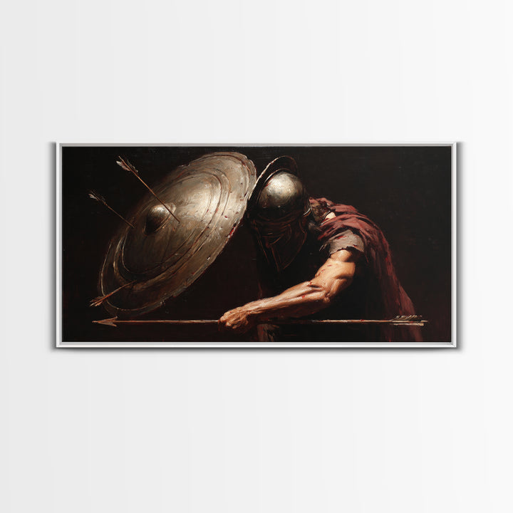 Armored Warrior With Shield And Spear Canvas Print, Dark Fantasy Wall Art, Medieval Battle Decor For Office Or Man Cave Gift