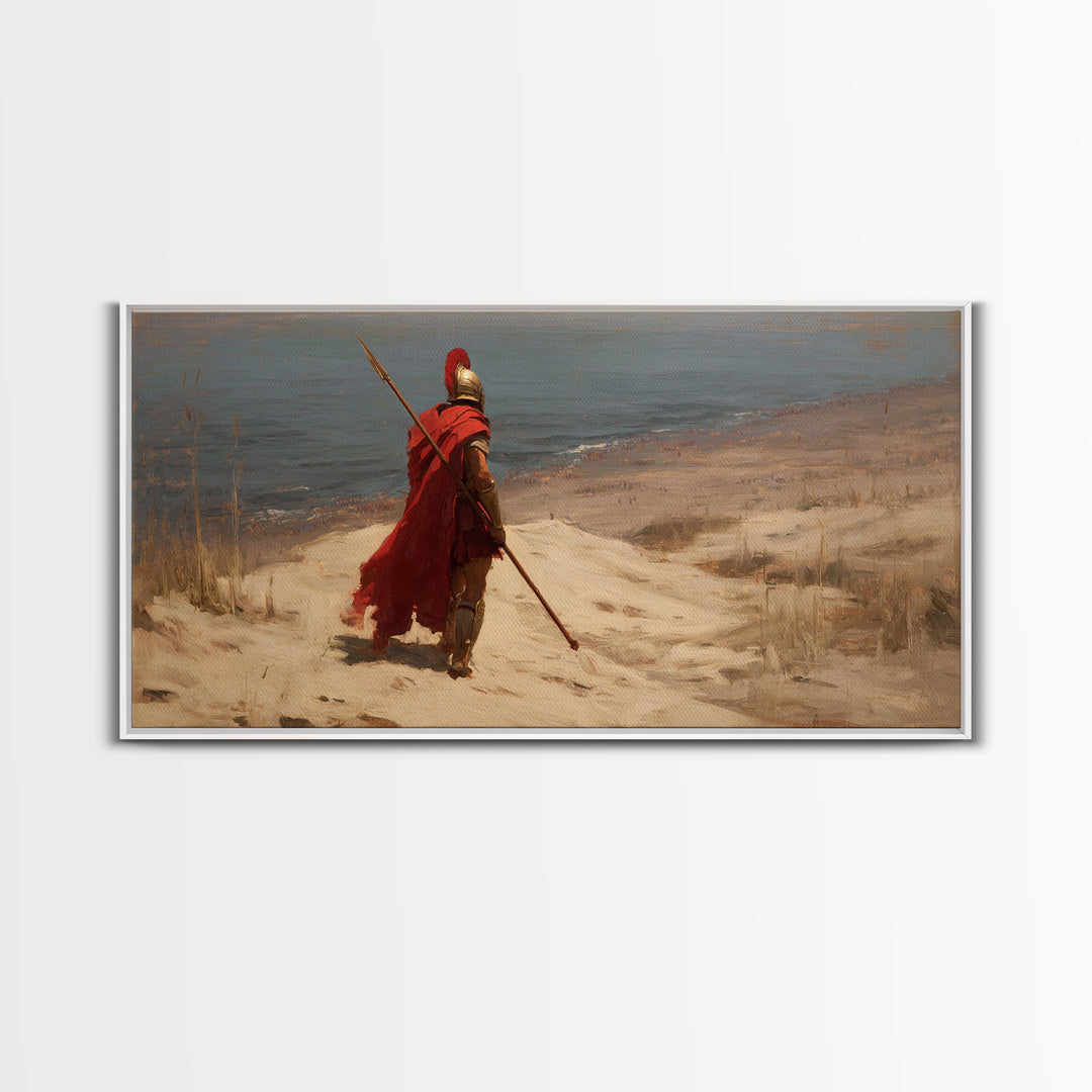 Lone Spartan Warrior On Shore Framed Canvas Print, Ancient Greek Wall Art, Historical Coastal Decor, Masculine Gift For Him