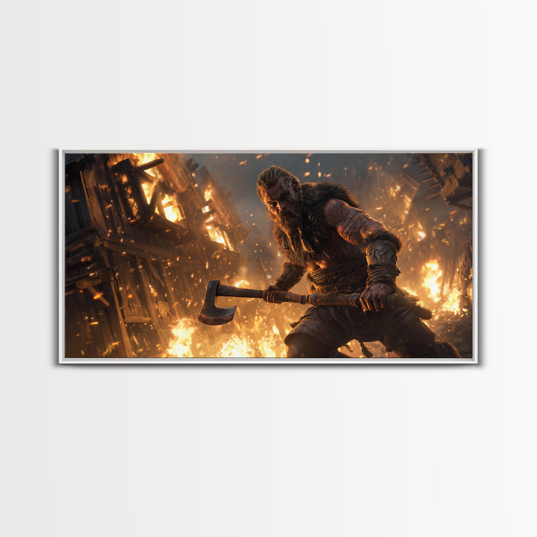 Fiery Viking Warrior Holding Axe Against Burning Village Background Canvas Print For Rustic Home Decor And Office Art