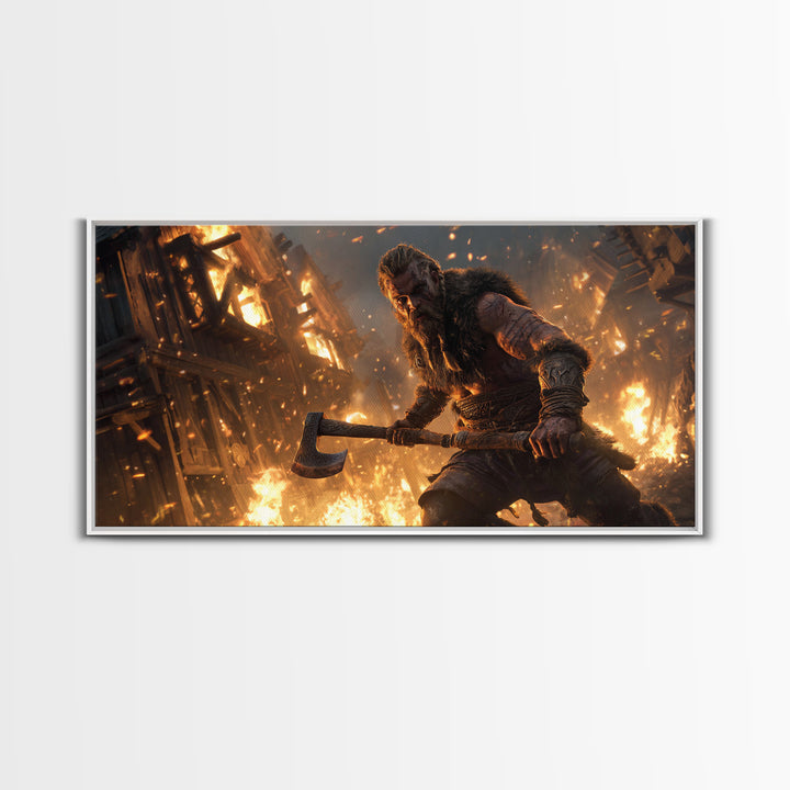 Fiery Viking Warrior Holding Axe Against Burning Village Background Canvas Print For Rustic Home Decor And Office Art
