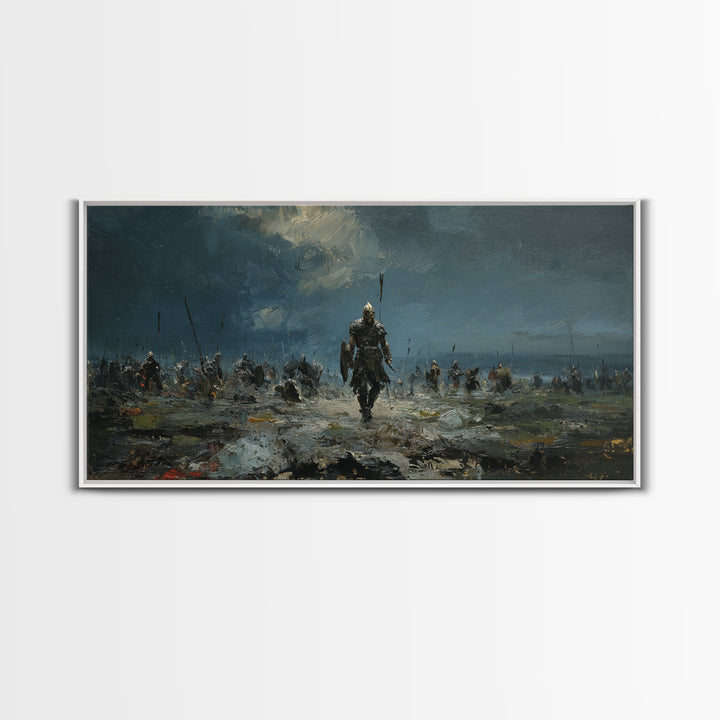 Warrior Leading Army Through Rain Canvas Print Dark Battlefield Wall Art, Epic Historical Decor For Masculine Home Office