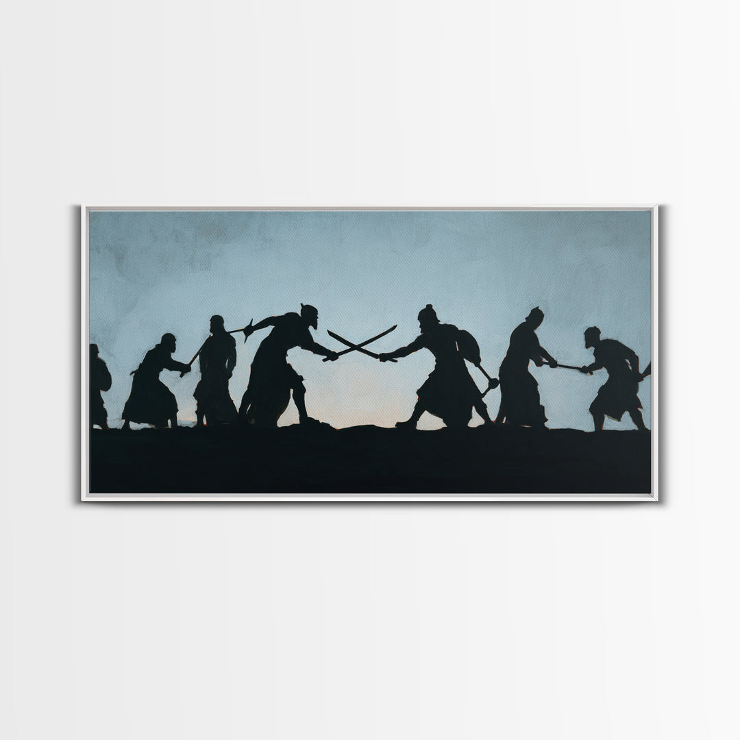 Silhouetted Sword Fighters Wall Art, Minimalist Warrior Battle Print, Black And White Decor, Fantasy Office Art Gift For Him