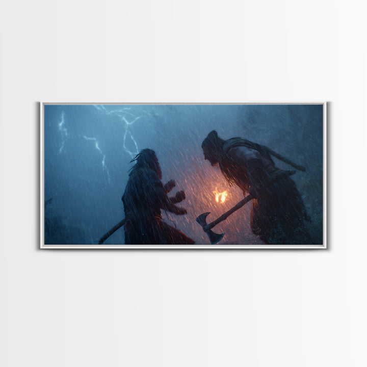 Two Viking Warriors In Lightning Storm Canvas Print, Dark Fantasy Wall Art, Norse Mythology Decor, Dramatic Battle Poster