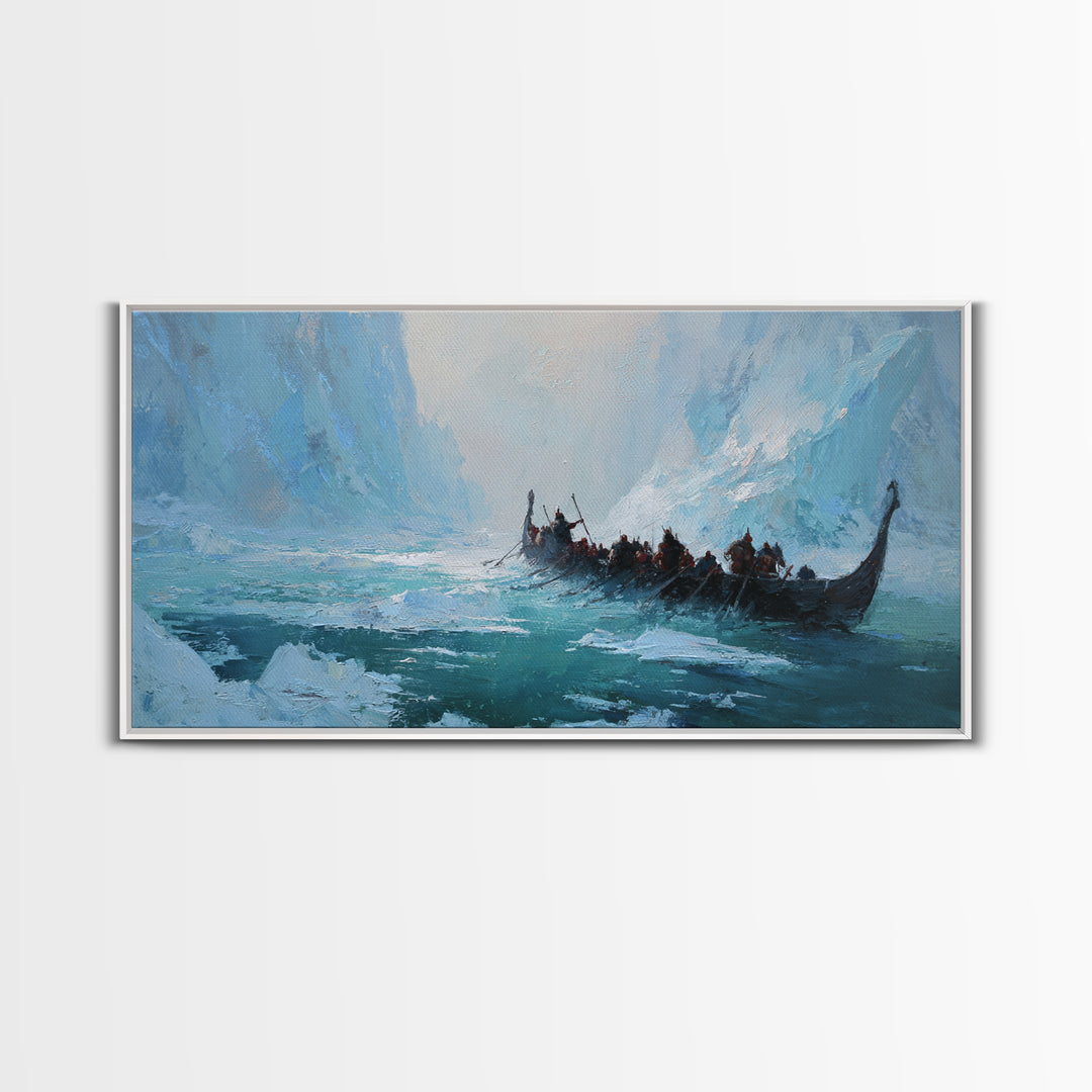 Icy Viking Longship On Turquoise Fjord Canvas Print, Nordic Seascape Wall Decor, Coastal Adventure Art, Gift For Him, Home Decor