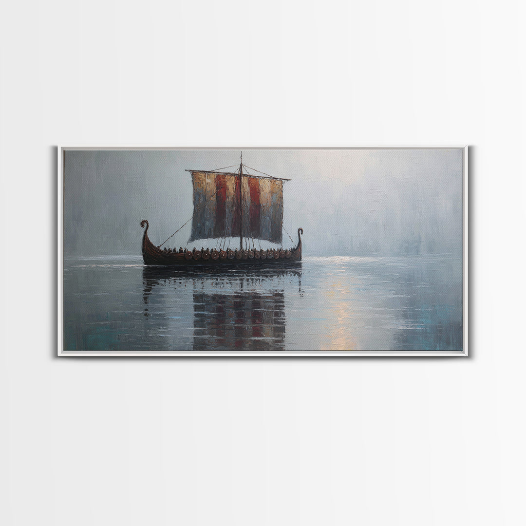 Viking Longship In Misty Water Canvas Print, Nautical Wall Art, Norse Seascape Painting, Coastal Decor For Living Room Art