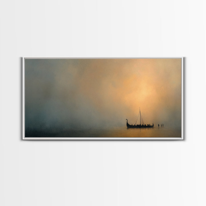Misty Viking Ship At Golden Fog Canvas Print, Nordic Seascape Wall Decor, Minimalist Coastal Art, Calming Home Decor, Above Sofa Art