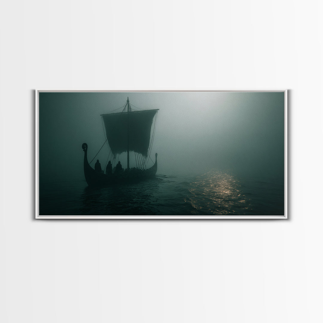 Foggy Viking Longship On Silent Water Wall Art, Nautical Art, Moody Wall Art, Scandinavian Decor, Living Room Decor, Office Decor