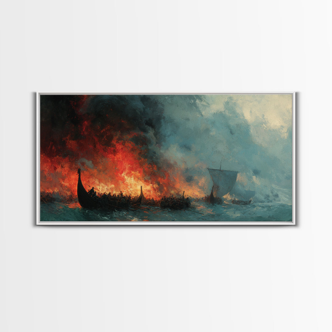 Burning Viking Ships At Stormy Sea Wall Art, Dramatic Norse Seascape Canvas Decor, Historical Ocean Art For Man Cave Decor