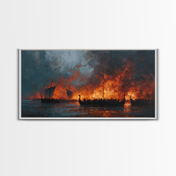 Burning Viking Longships At Sea Wall Art, Dramatic Fantasy Art, Moody Seascape, Historical Battle, Living Room Decor, Office Decor