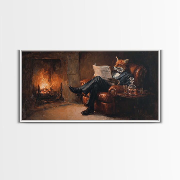Fox Gentleman Reading By Fireside Canvas Print, Cozy Library Wall Art, Whimsical Animal Decor, Dark Academia Gift For Him