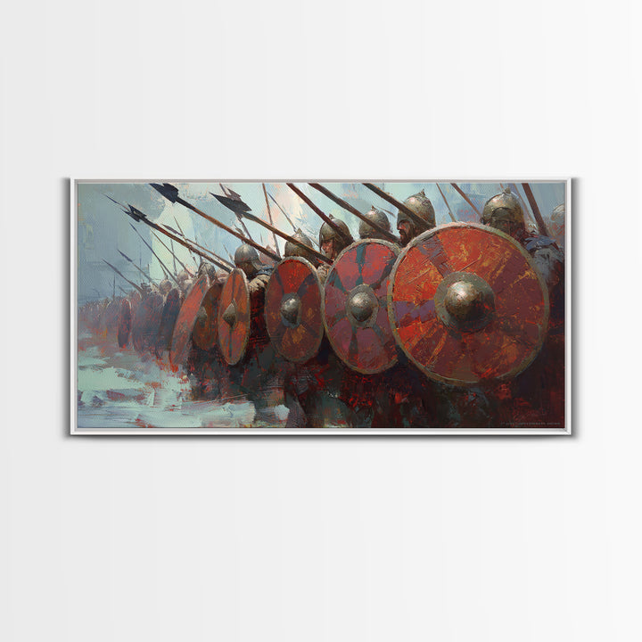 Spartan Phalanx With Red Shields Framed Canvas Print Ancient Warrior Wall Art, Historical Battle Office Decor For Man Cave
