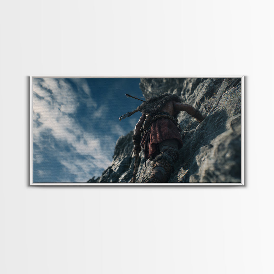 Rugged Warrior Climbing Sheer Mountain Cliff Canvas Print, Adventure Decor, Mountain Wall Art, Fantasy Art, Gift For Him