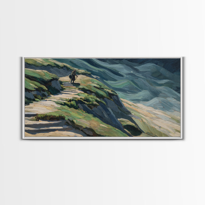 Rider On Mountain Path In Textured Hills Wall Art, Impressionist Landscape Canvas Print, Rustic Nature Decor, Home Decor
