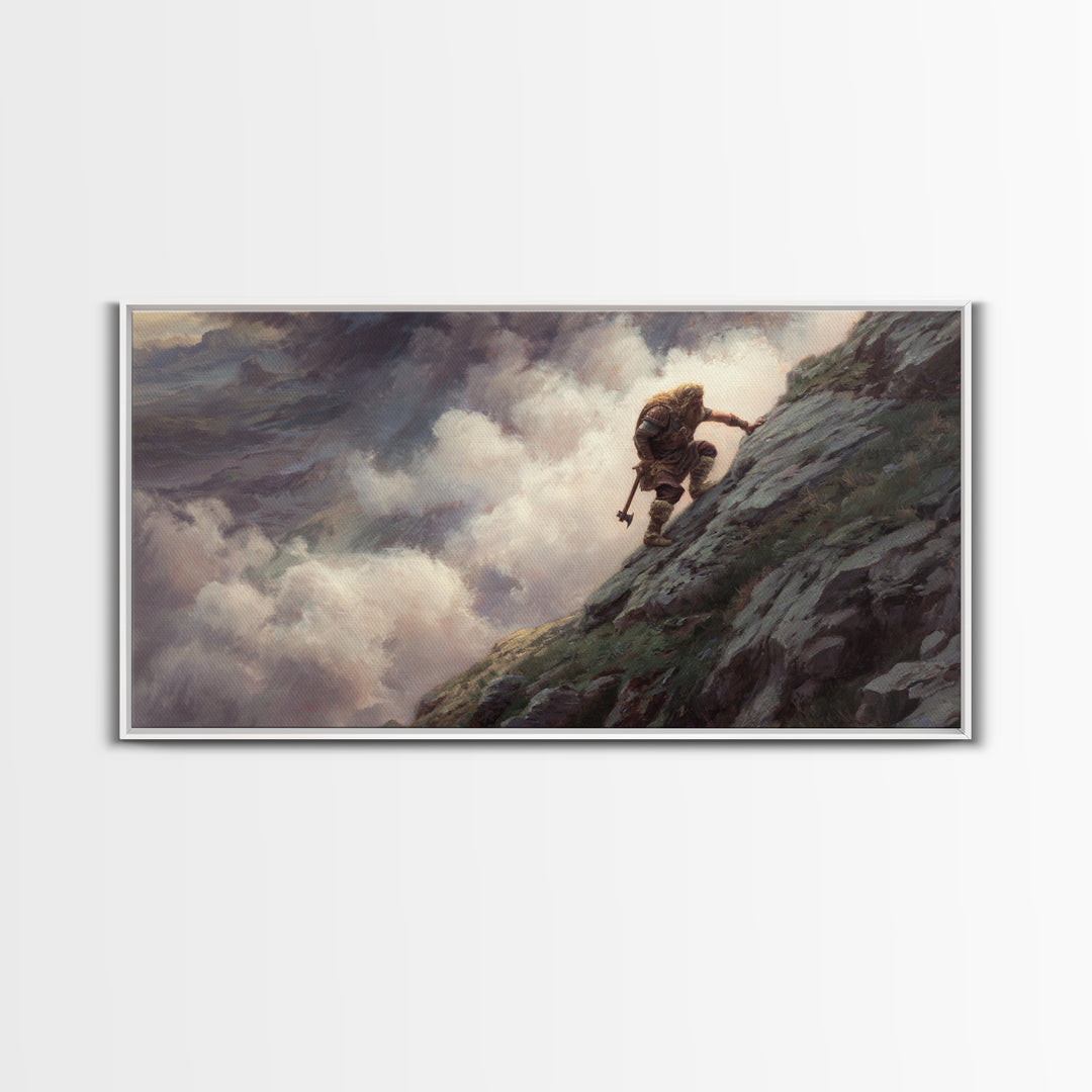 Lone Warrior Climbing Stormy Mountain Framed Canvas Print, Fantasy Adventure Wall Art, Moody Landscape Decor, Gift For Him