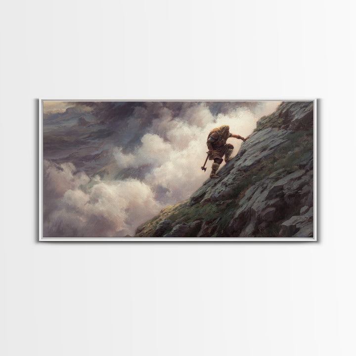 Lone Warrior Climbing Stormy Mountain Framed Canvas Print, Fantasy Adventure Wall Art, Moody Landscape Decor, Gift For Him