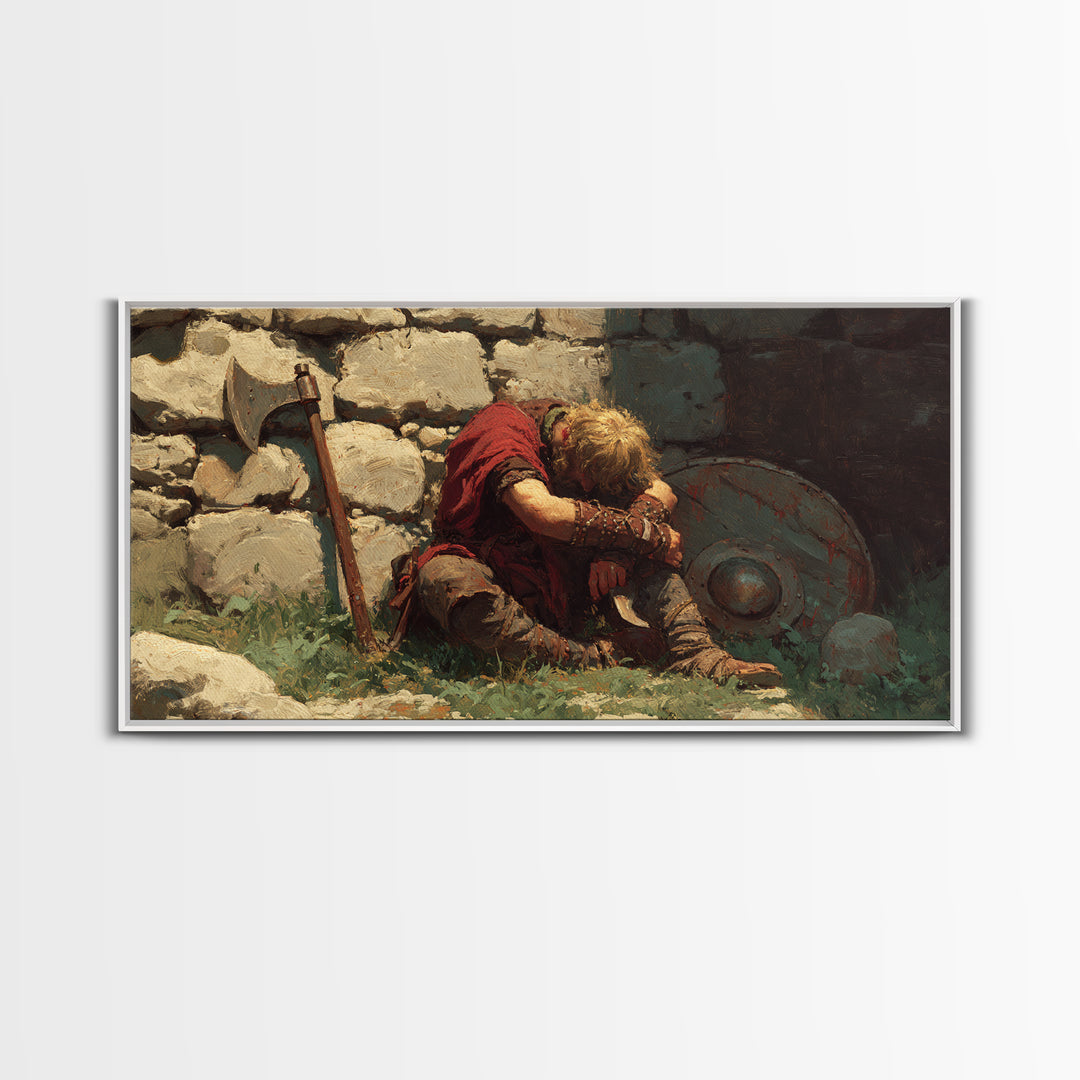 Wounded Viking Resting By Stone Wall Canvas Print, Norse Warrior Artwork, Rustic Historical Decor, Dark Academia Art, Gift For Him