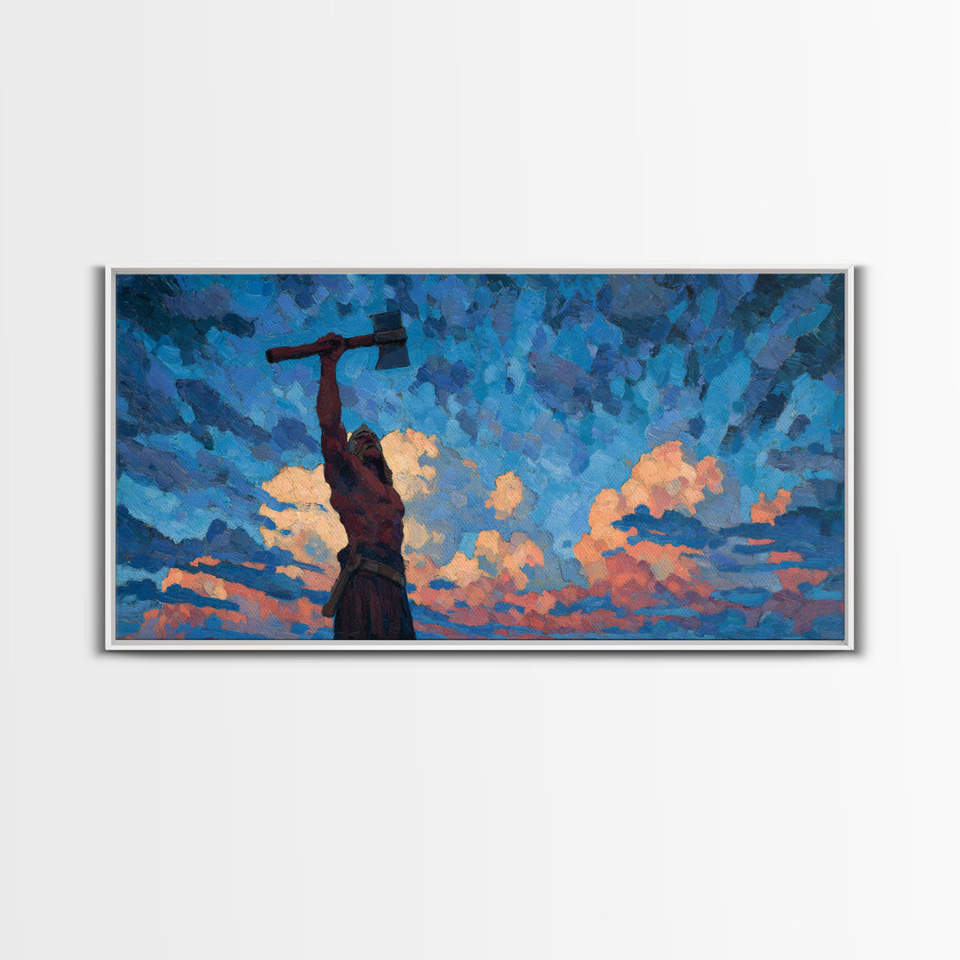 Dynamic Expressionist Oil Painting Of Man With Raised Axe Under Blue Sky Modern Wall Art Canvas Print