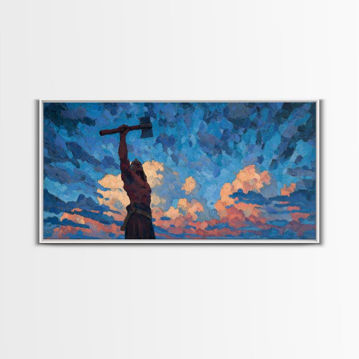 Dynamic Expressionist Oil Painting Of Man With Raised Axe Under Blue Sky Modern Wall Art Canvas Print