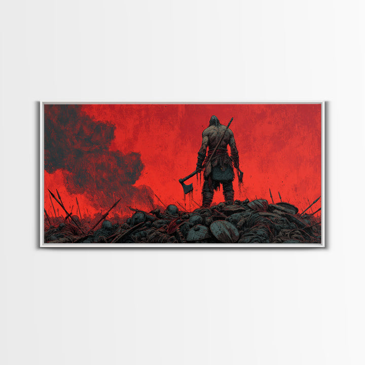 Lone Viking Warrior On Red Battlefield Wall Art, Dark Fantasy Canvas, Nordic War Decor, Masculine Office Art, Gift For Him