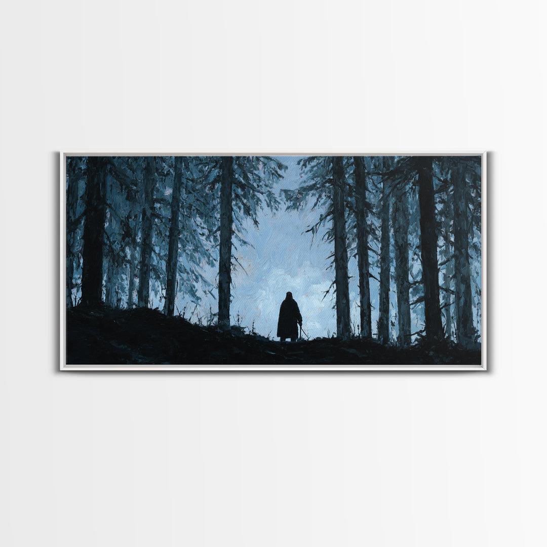 Lone Wanderer In Dark Pine Forest Wall Art, Moody Landscape Print, Gothic Nature Decor, Fantasy Cabin Wall Decor Gift For Him