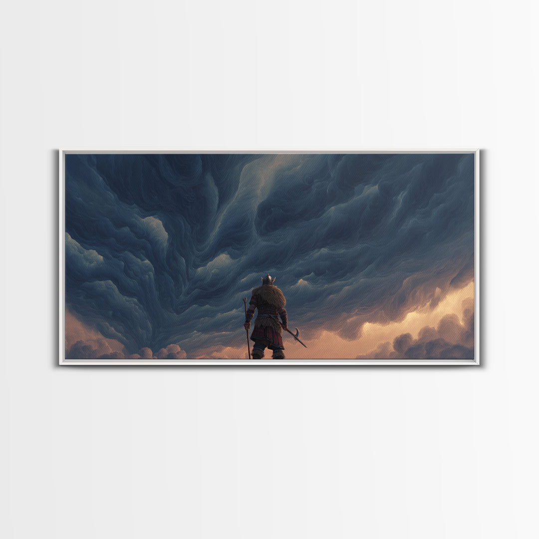 Viking Warrior Beneath Storm Clouds Canvas Print, Nordic Fantasy Wall Art, Moody Landscape Decor, Gift For Him, Living Room Decor