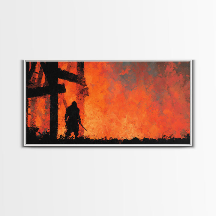 Dark Warrior Before Burning Tower Wall Art, Fiery Fantasy Landscape Print, Red Orange Gothic Decor, Dramatic Wall Decor Gift