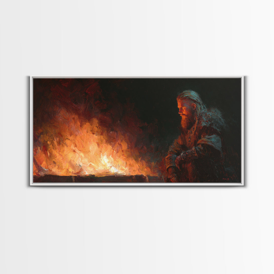 Bearded Viking Beside Blazing Fire Wall Art, Dark Nordic Canvas Print For Rustic Home Decor And Masculine Office Decor Gift