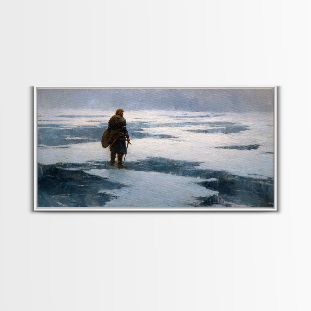 Lone Viking On Frozen Tundra Canvas Print, Nordic Winter Landscape Wall Decor, Medieval Warrior Art For Rustic Home Decor