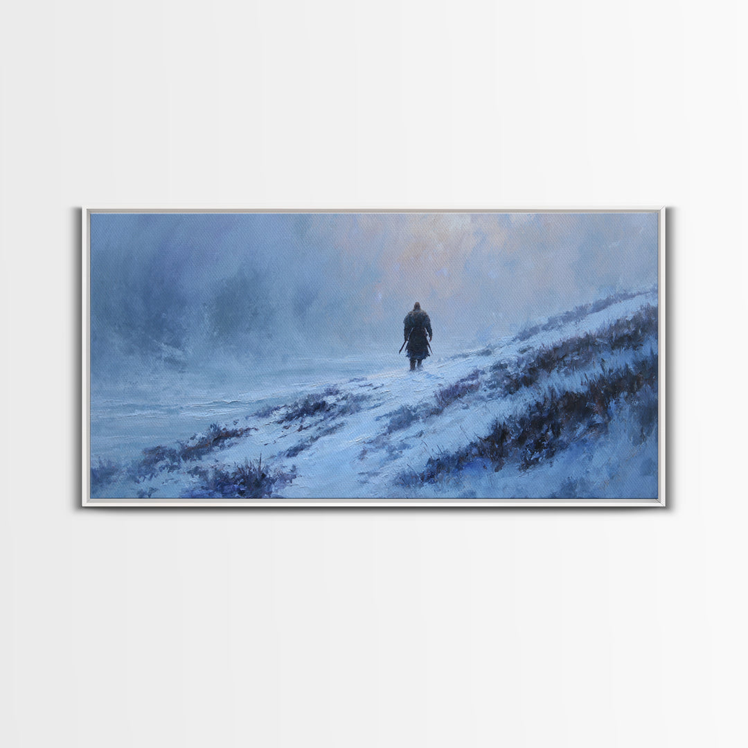 Lone Warrior In Snowy Blue Highlands Wall Art Winter Landscape Canvas, Viking Inspired Decor, Moody Large Print For Living Room Decor